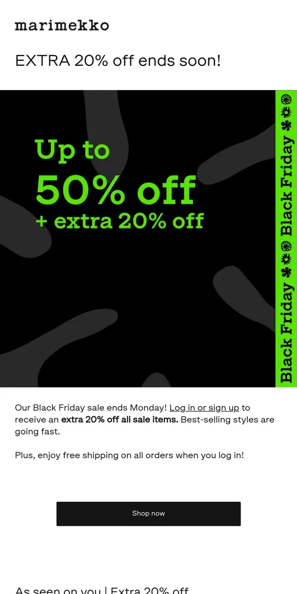 Email from Marimekko. Extra 20% off fan-favorites ❤️