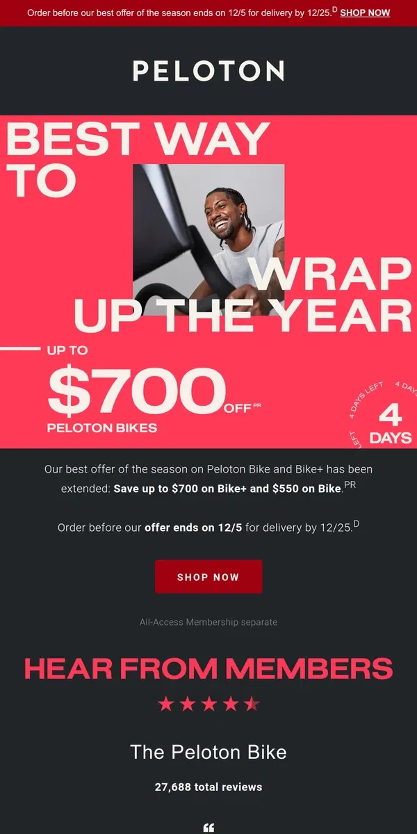 Email from Peloton. Final days: up to $700 off