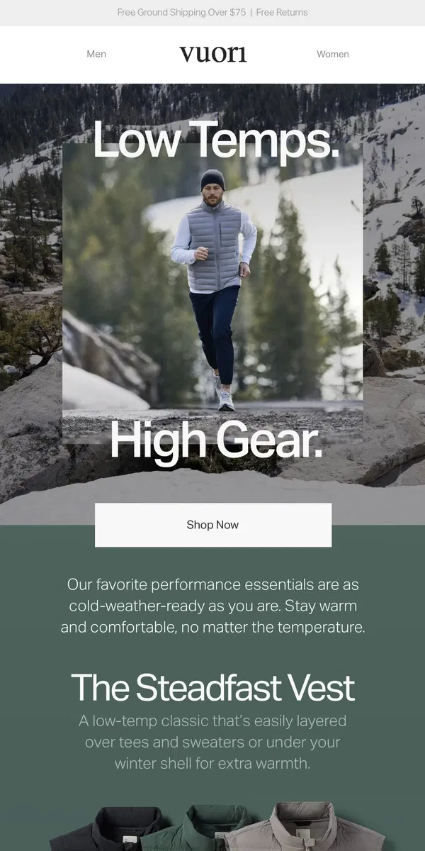 Email from Vuori. High Gear Styles For Low Temp Days