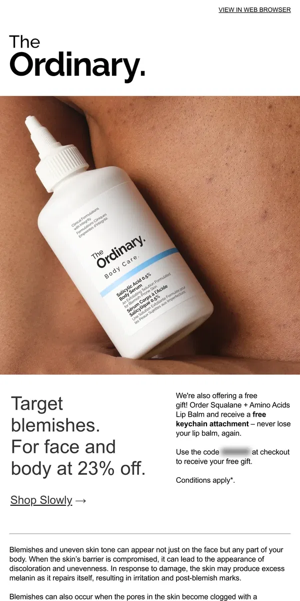 Email from The Ordinary. Target blemishes for face and body.