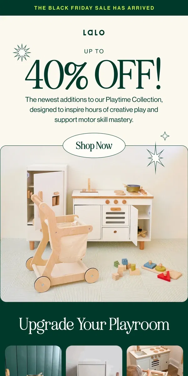 Email from Lalo. Revamp their play space with up to 40% off ✨