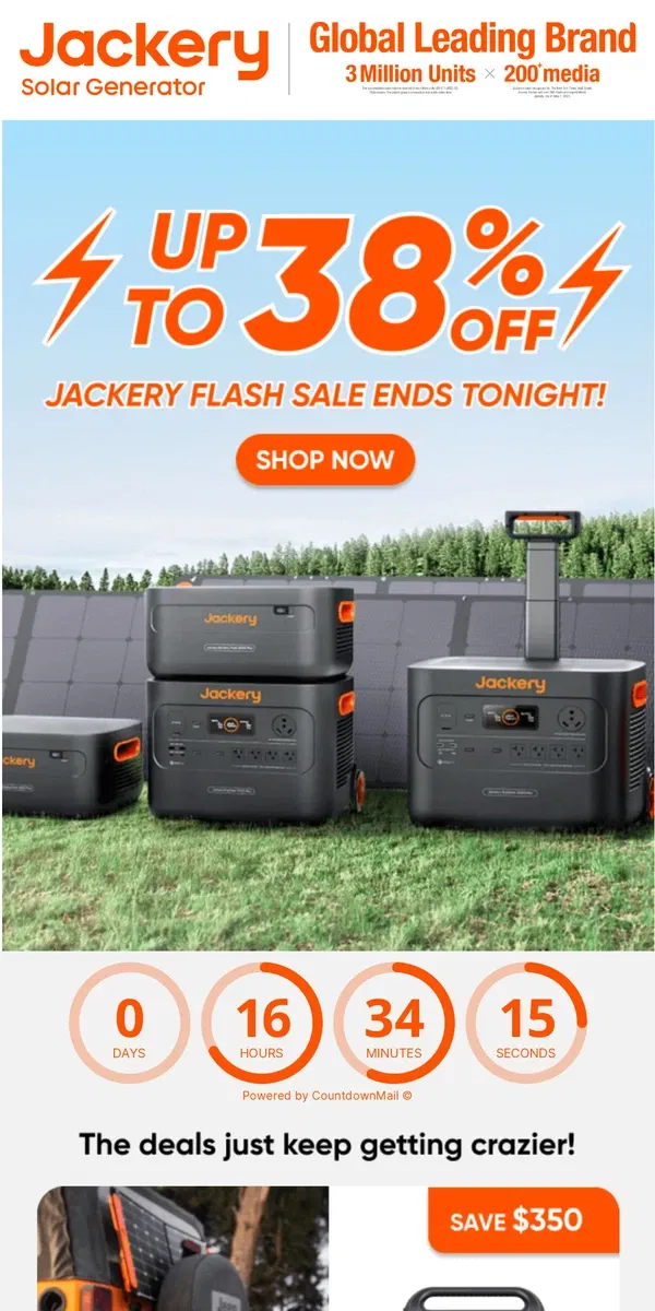 Email from Jackery. ⏰Flash Sale Ends Tonight | Get up to 38% off on Solar Generators during Jackery’s Flash Sale!