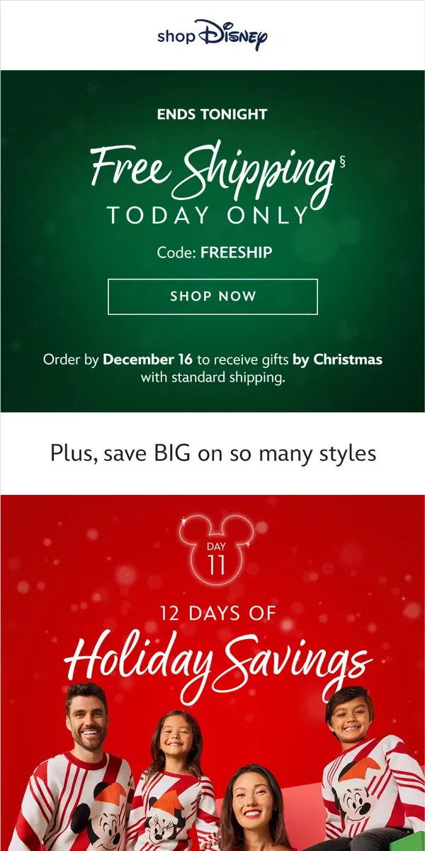 Email from shopDisney. National Free Ship Day + Up to 50% Off jolly presents