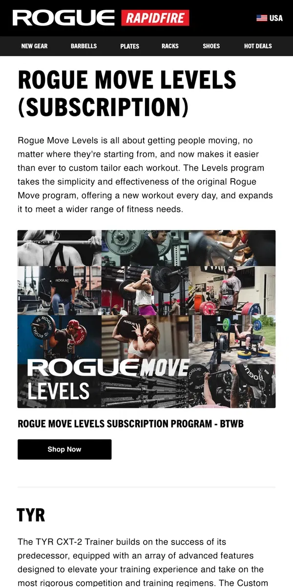 Email from Rogue Fitness. Just Launched: Rogue Move Levels Subscription Program & TYR CXT-2 Custom Trainer