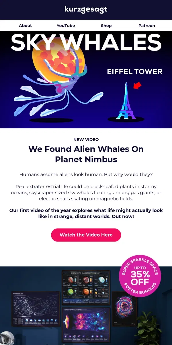 Email from Kurzgesagt. New Video: We Found Alien Whales On Planet Nimbus