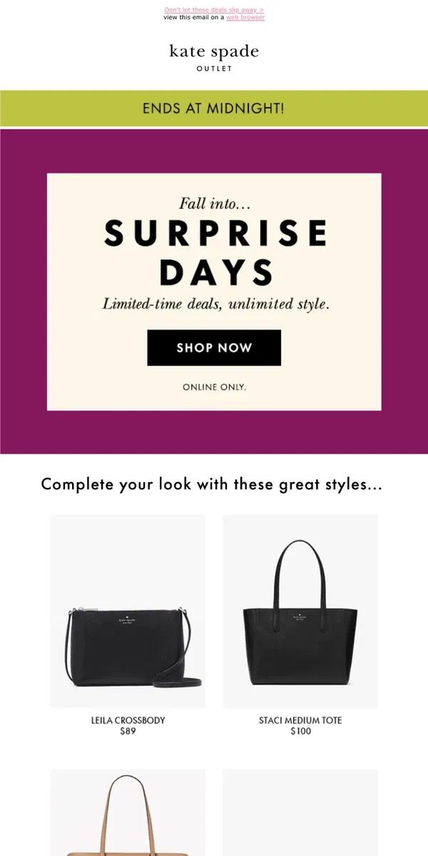 Email from Kate Spade. You almost missed Surprise Days!