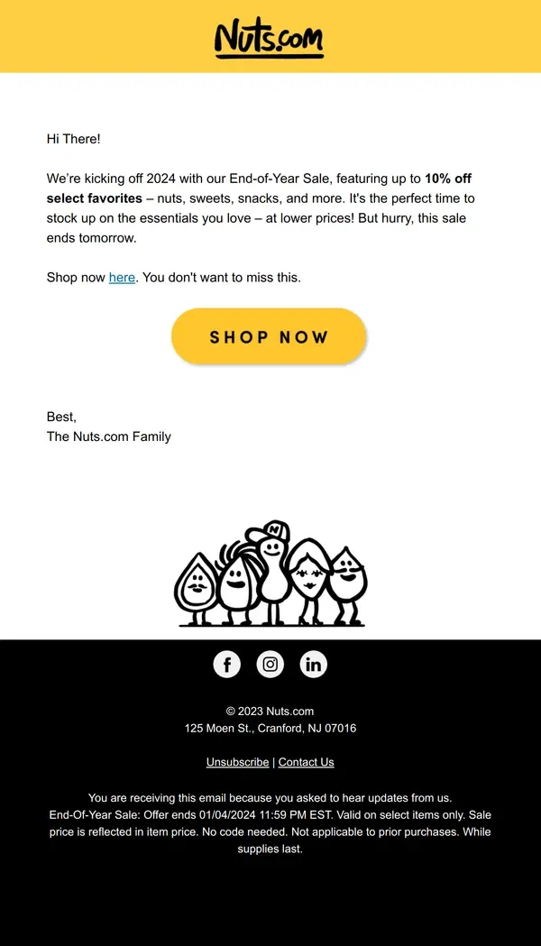 Email from Nuts.com. Year-End Sale Ends Tomorrow!🎉 