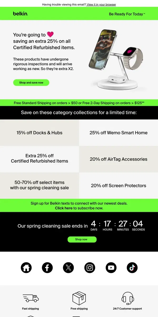 Email from Belkin. Extra Alert: Save even more on Certified Refurbished favorites