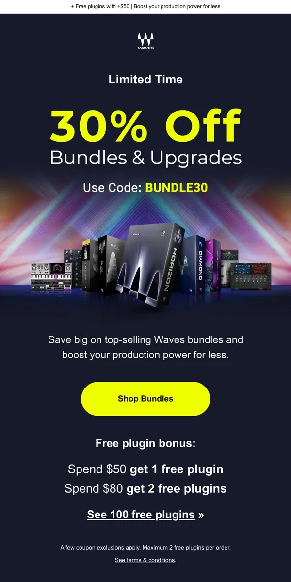 Email from Waves Audio. 30% Off Bundles & Upgrades 🙌 Starts Now