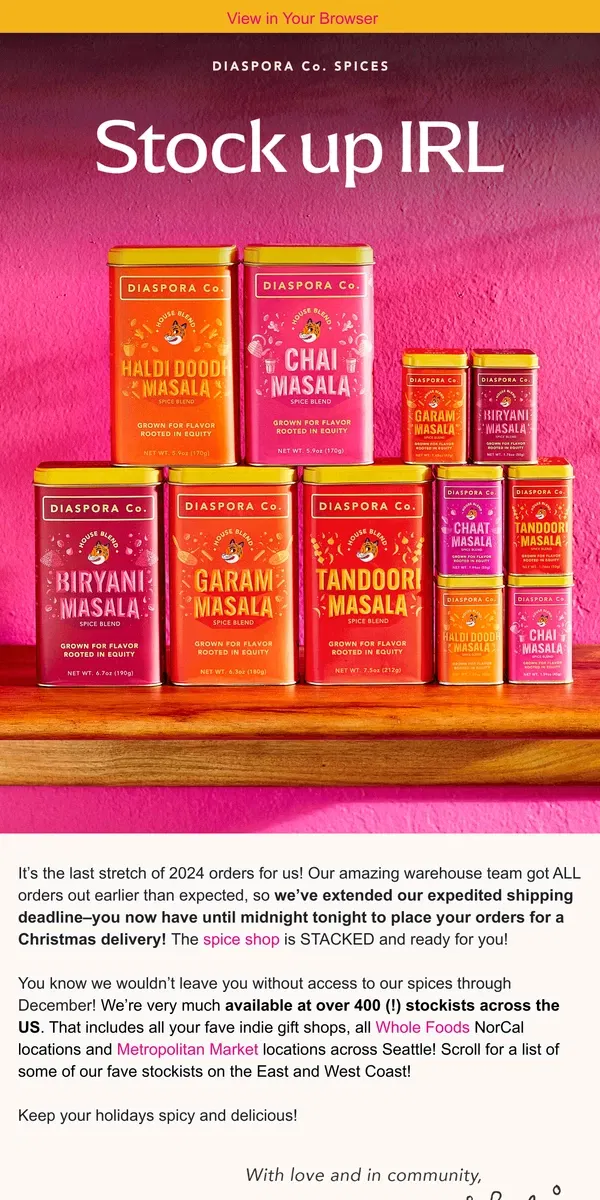 Email from Diaspora Co.. You can still stock up on spices!