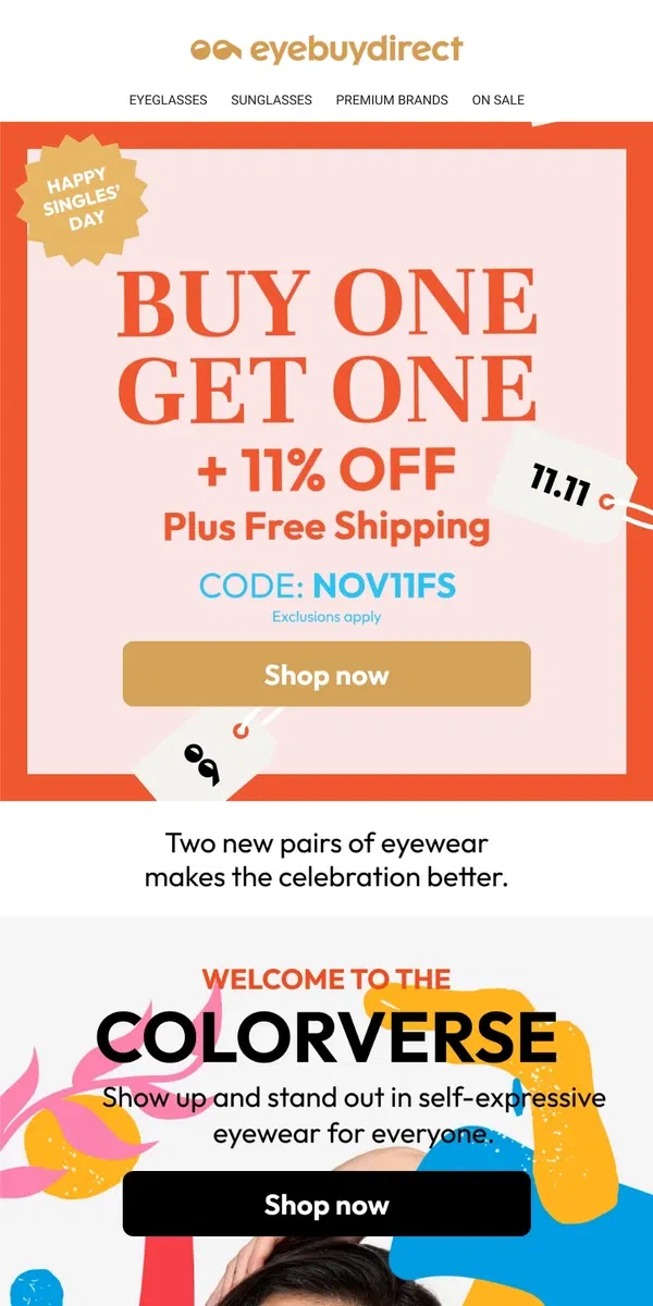 Email from Eyebuydirect. The Singles’ Day celebration is running out! 💕🤗