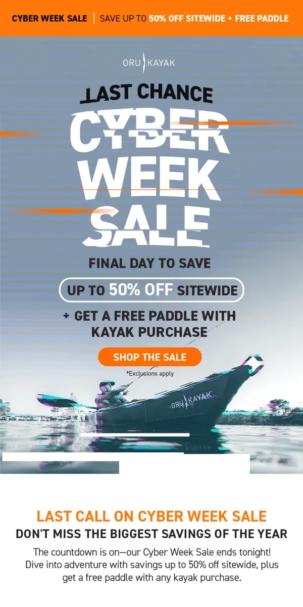 Email from Oru Kayak. Countdown is On ⏰ Up to 50% Off Ends Today