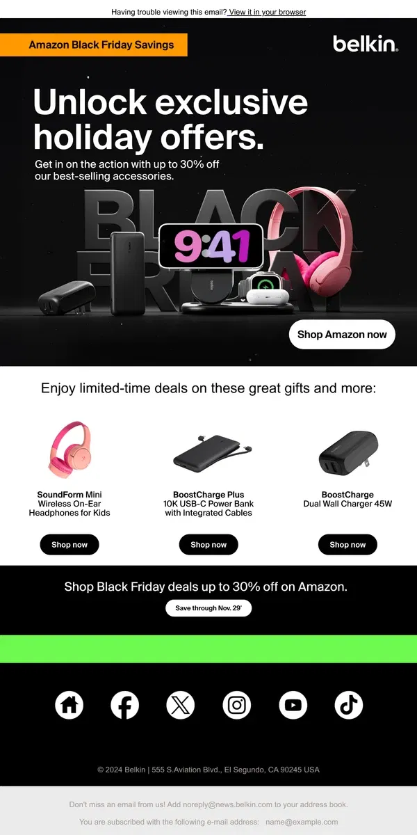 Email from Belkin. It's Here | Be Ready for Black Friday Week on Amazon