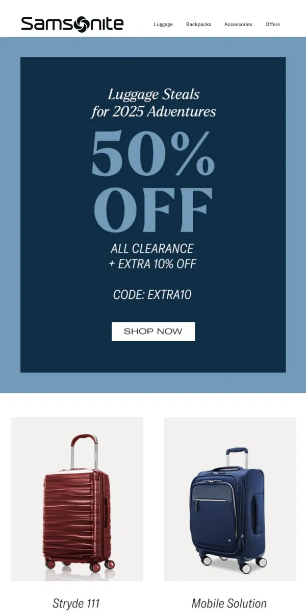 Email from Samsonite. Enjoy 50% Off + Extra 10% Off Clearance