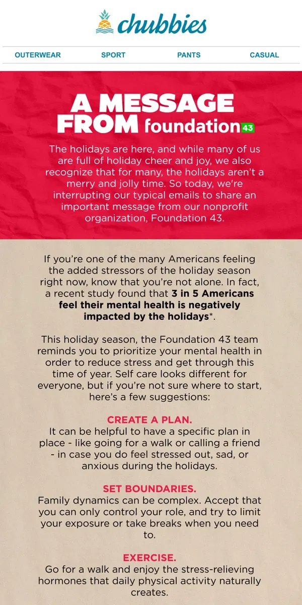 Email from Chubbies Shorts. Take care of your mental health this holiday season