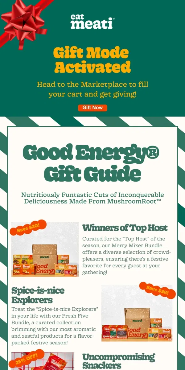 Email from eat meati. Good Energy® Gift Guide Inside 👀 🎁