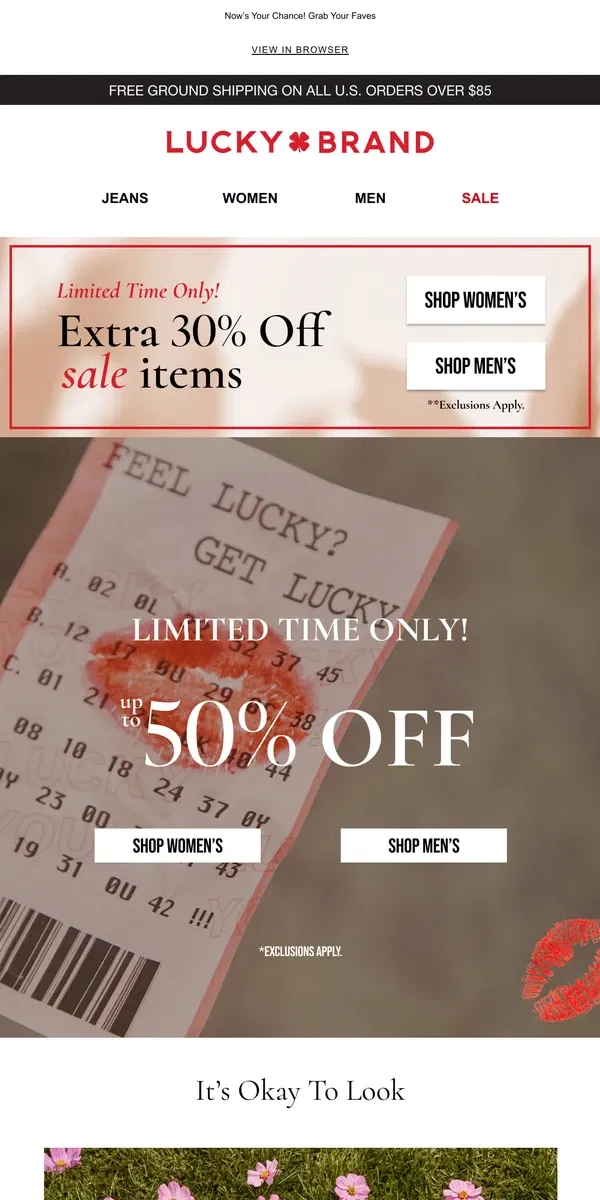 Email from Lucky Brand. SAVE NOW! Extra 30% Off Sale