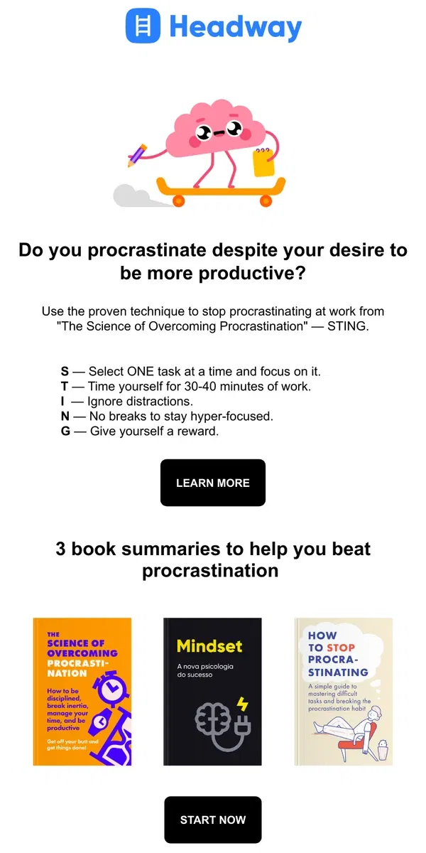 Email from Headway. Five proven ways to beat procrastination 🔥