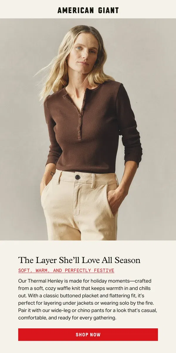 Email from American Giant. The Layer She’ll Love All Season