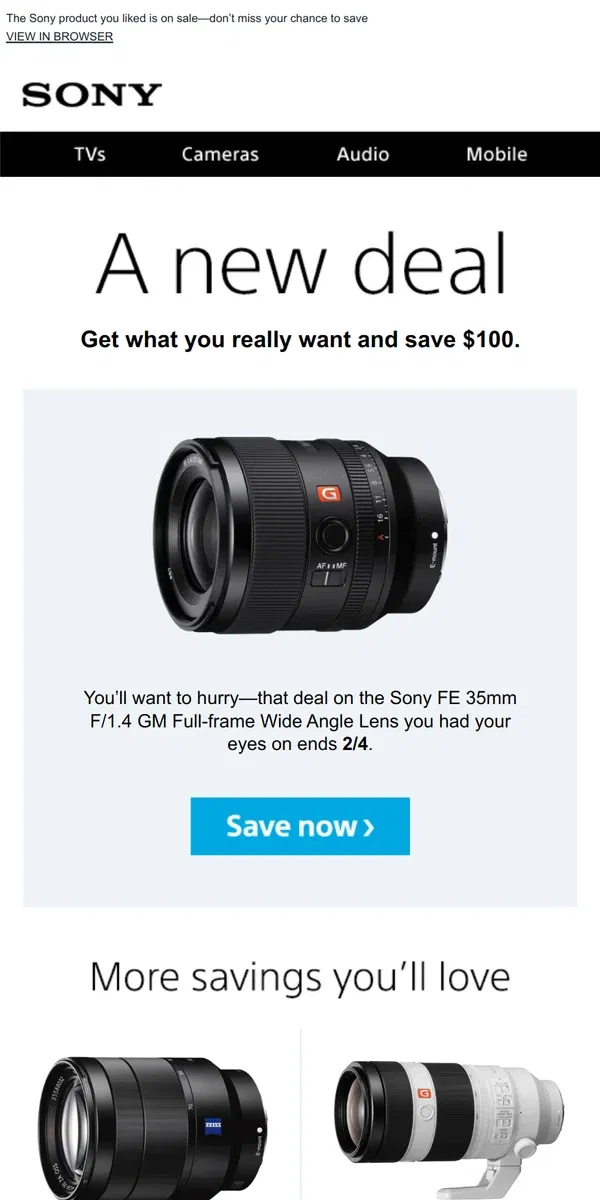 Email from Sony. New Deal Alert: an Item You Liked is Now $100 Off