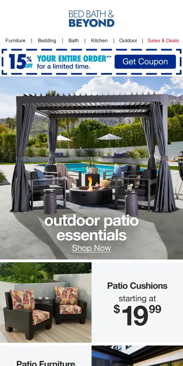 Email from Bed Bath & Beyond. 15% off Everything You Need to Update Your Outdoor Oasis 🏝️