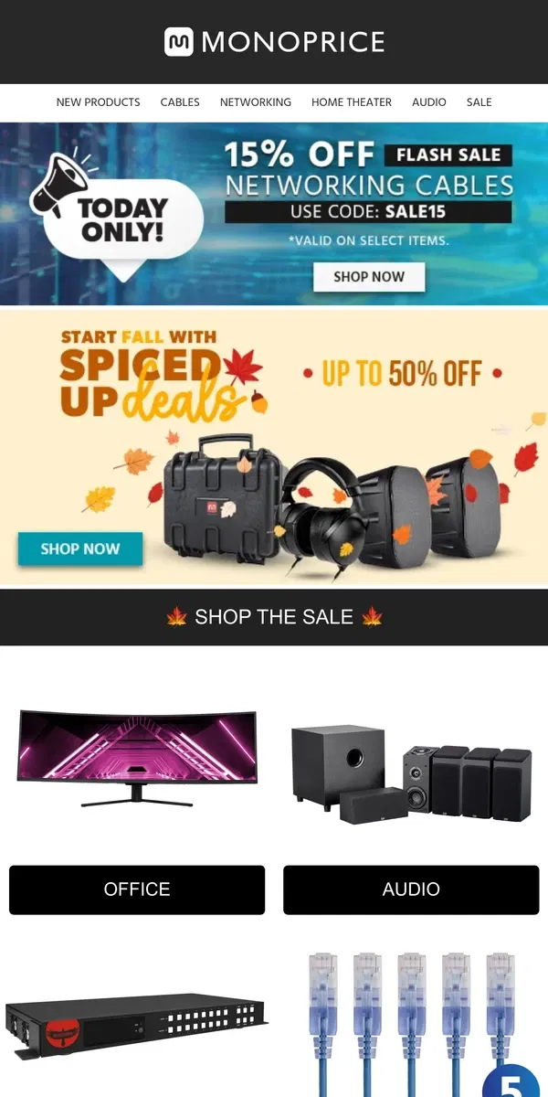 Email from Monoprice. ENDS TONIGHT! | Up to 50% OFF Fall-ing Deals 🍁