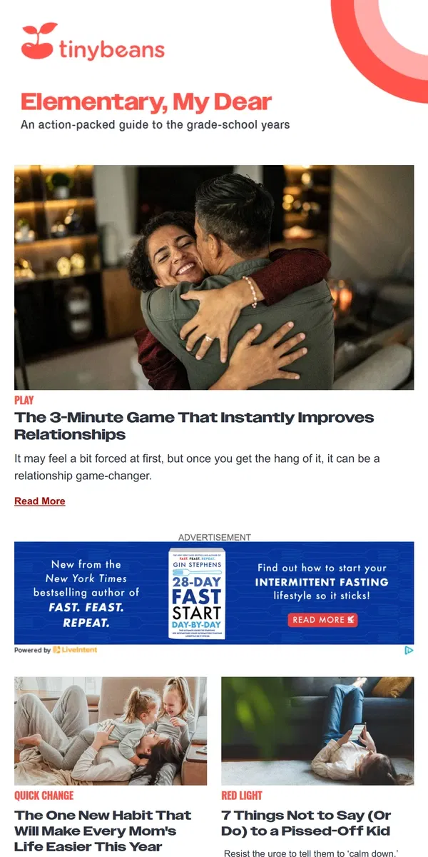 Email from Tinybeans. The 3-Minute Game That Instantly Improves Relationships