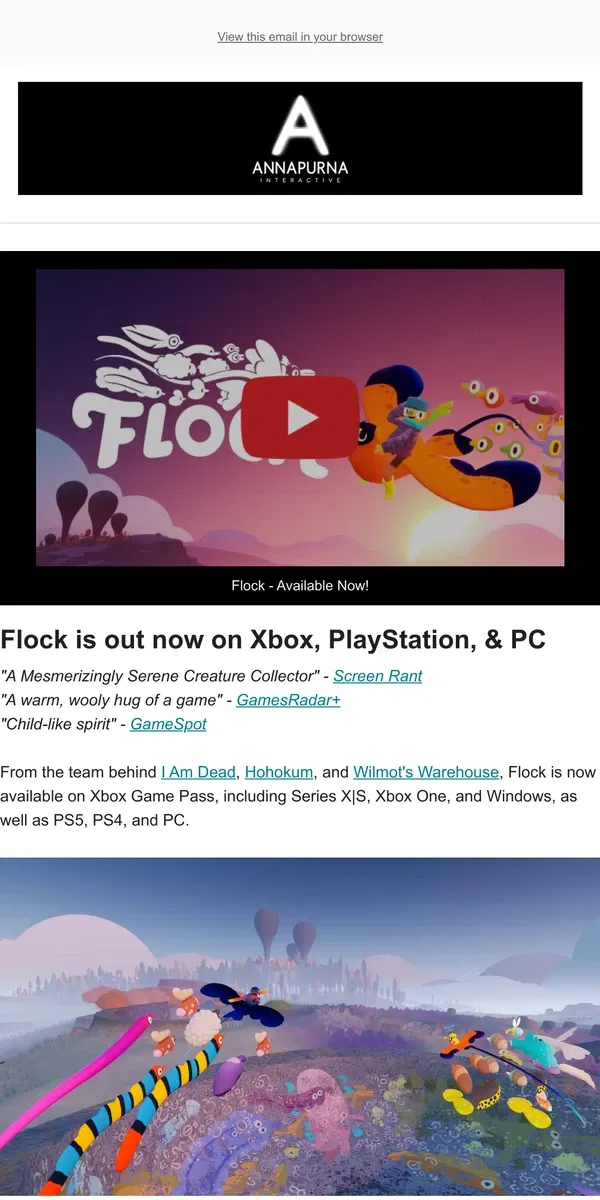 Email from Annapurna Interactive. Flock now available on Xbox, PlayStation, & PC! 🐦