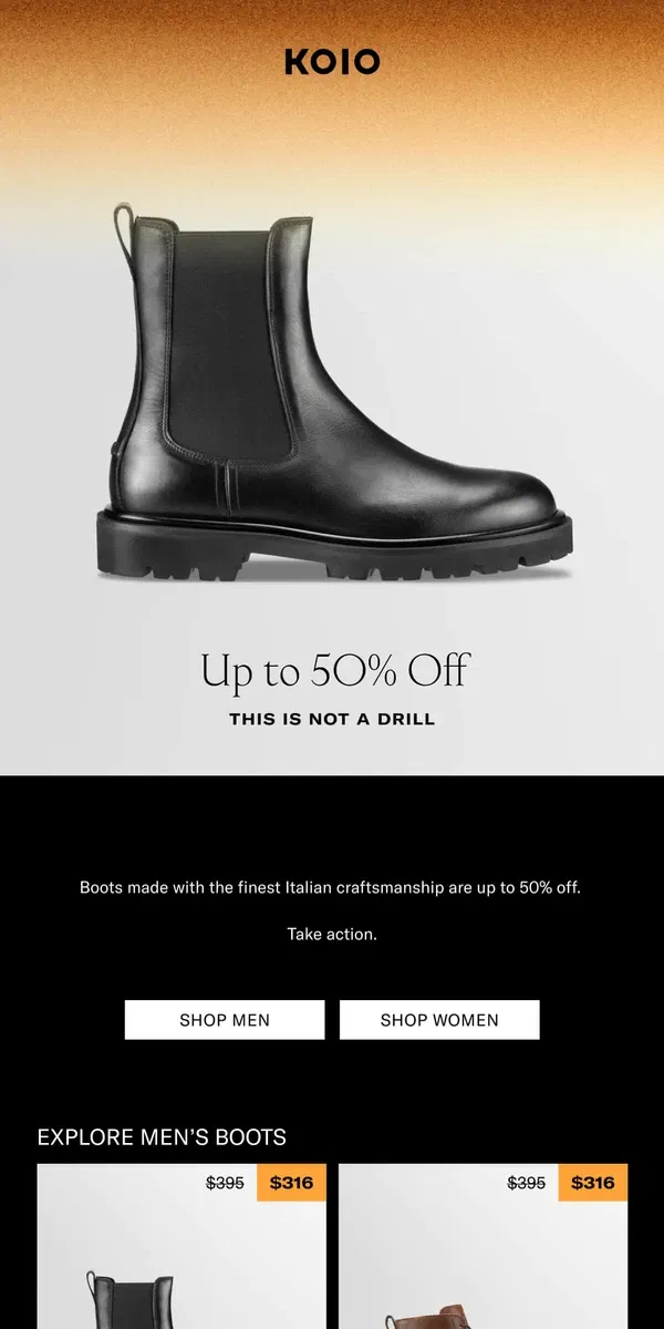 Email from Koio. Up to 50% off boots