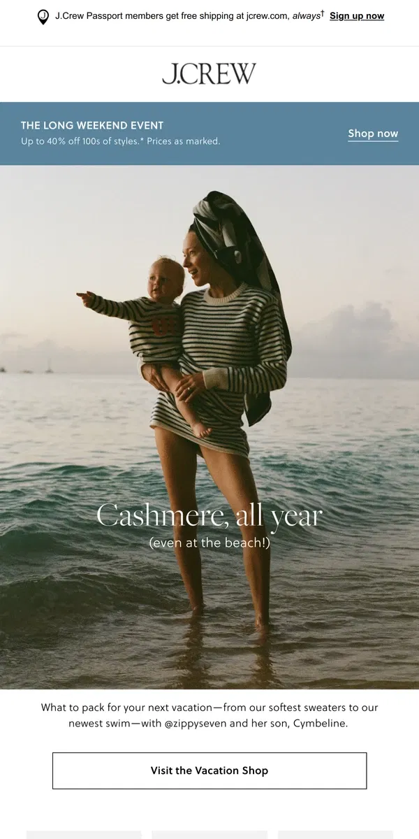 Email from J.Crew. New in the Vacation Shop: beach sweaters, swim & more