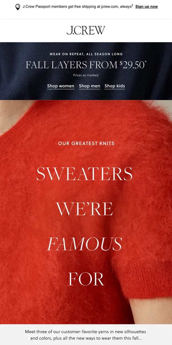 Email from J.Crew. Three famous textures from our sweater collection