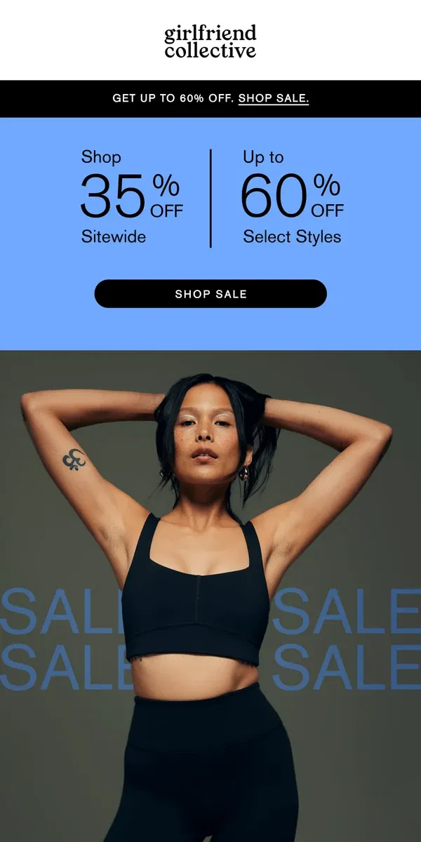 Email from Girlfriend Collective. SALE, SALE, SALE