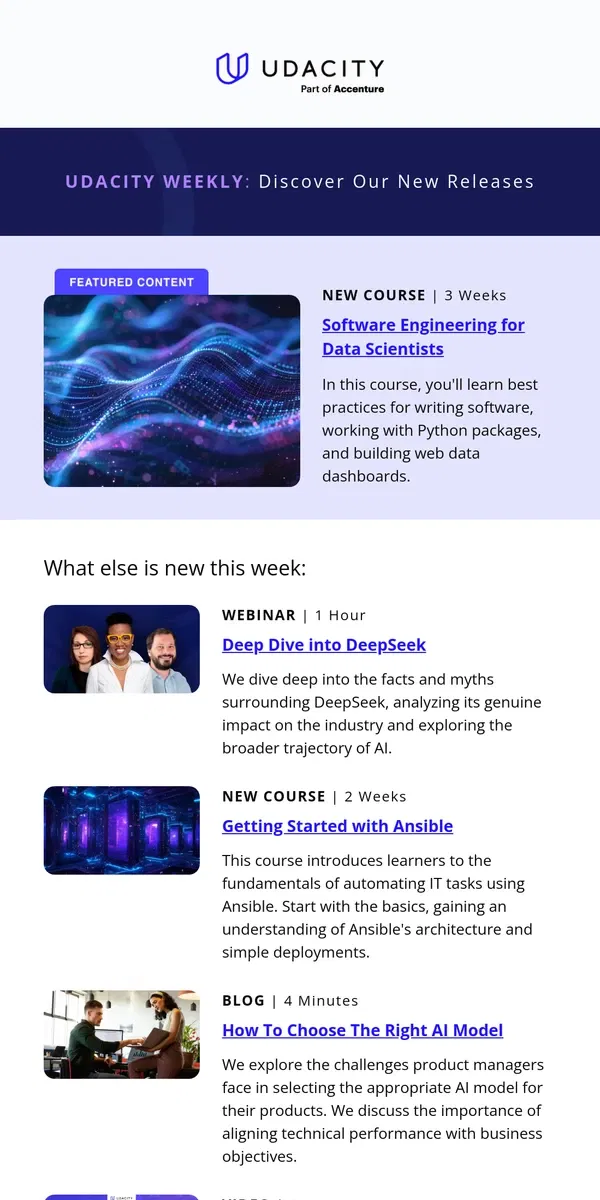 Email from Udacity. 📬 How to choose an AI model, learn Ansible, DeepSeek & more