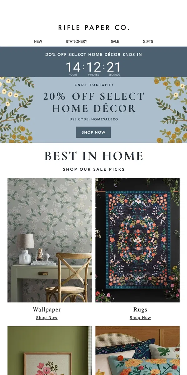 Email from Rifle Paper Co.. Ends Tonight: 20% off Wallpaper and Rugs