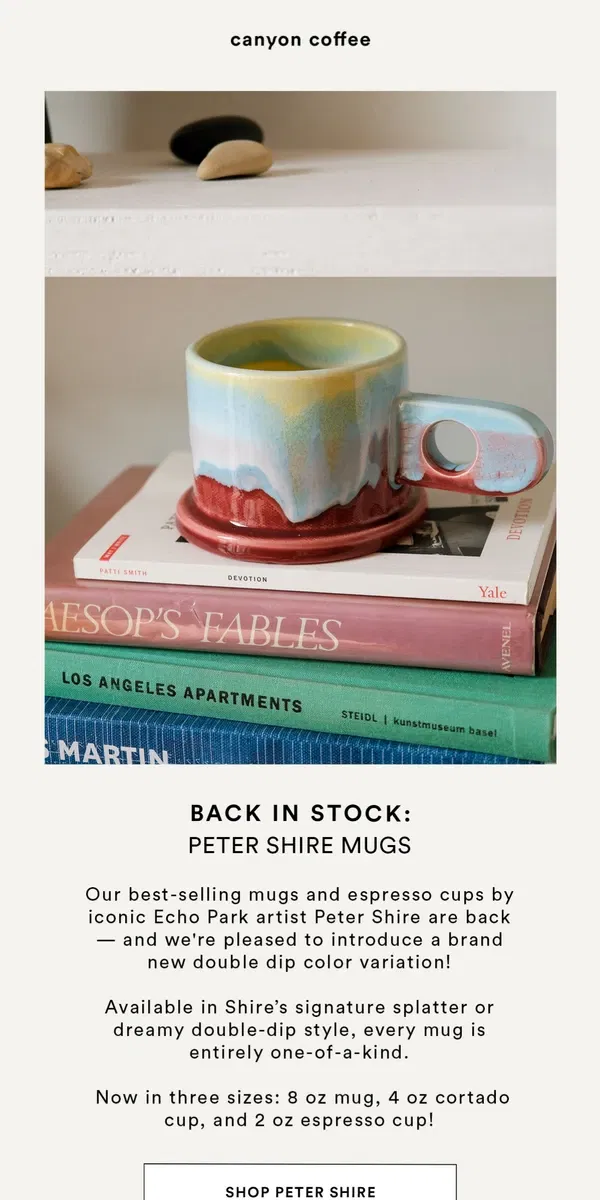 Email from Canyon Coffee. Peter Shire Mugs: New Color!