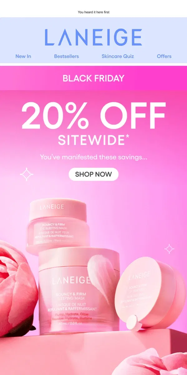 Email from LANEIGE. Black Friday: 20% Off SITEWIDE