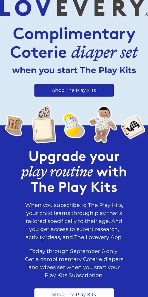 Email from Lovevery. Complimentary Coterie diapers with The Play Kits