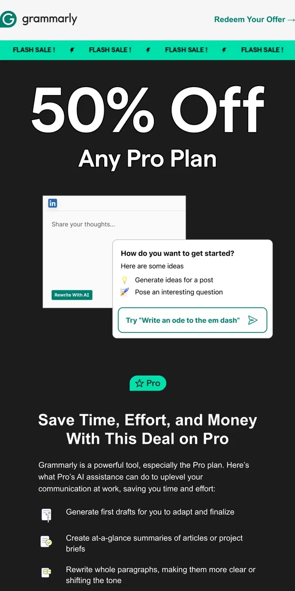 Email from Grammarly. Don’t miss out: 50% off Pro ends soon