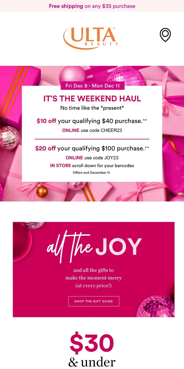 Email from Ulta Beauty. Weekend haul time! 🤩 $10 OFF $40, $20 OFF $100