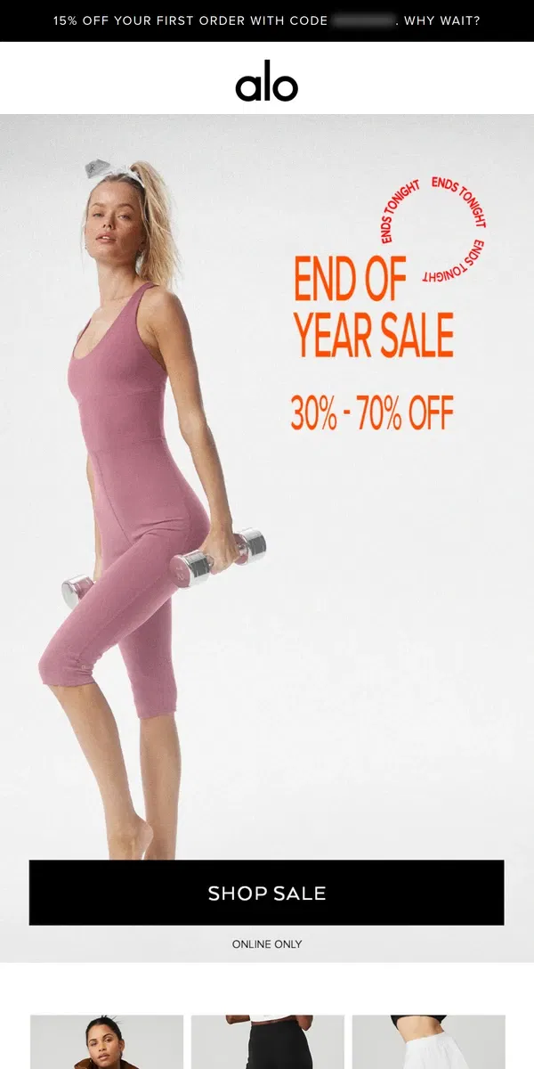 Email from Alo Yoga. Up to 70% off ends tonight