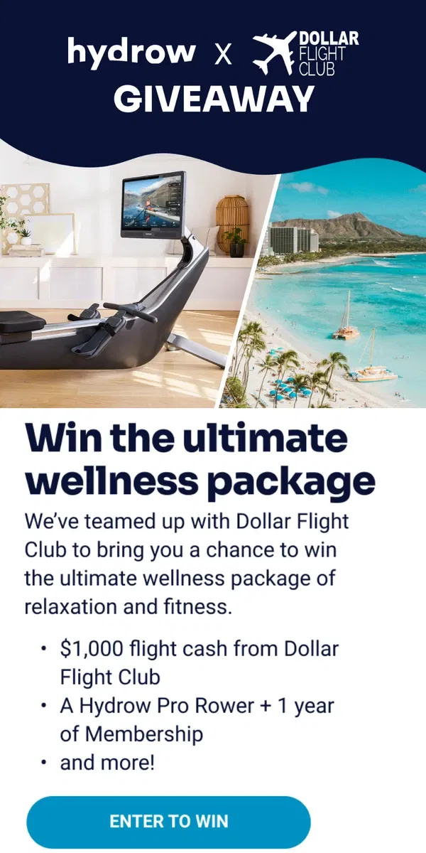 Email from Hydrow. Win a trip to Hawaii + a Hydrow Rower