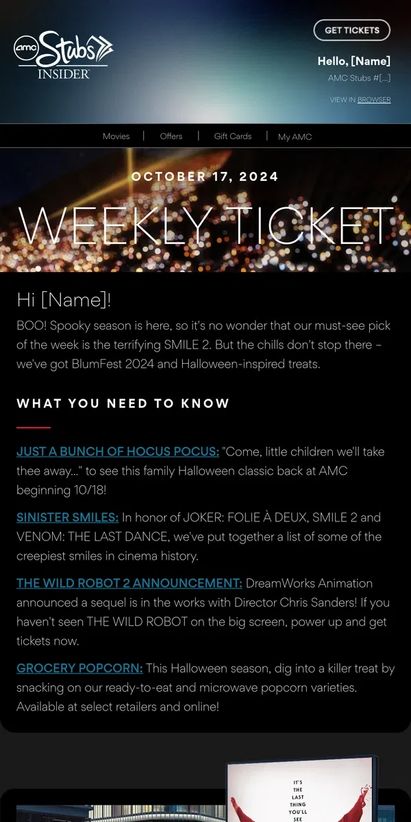 Email from AMC Theatres. SMILE 2 is the Must-See Horror in Your Weekly Ticket