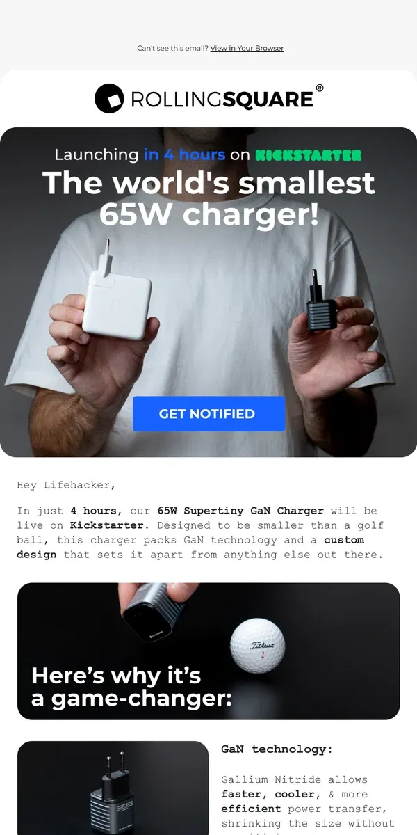 Email from Rolling Square. Launching in 4 hours: 65W Supertiny GaN Charger