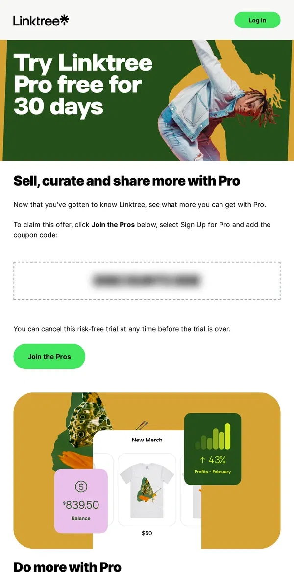 Email from Linktree. Get Pro free for 30 days