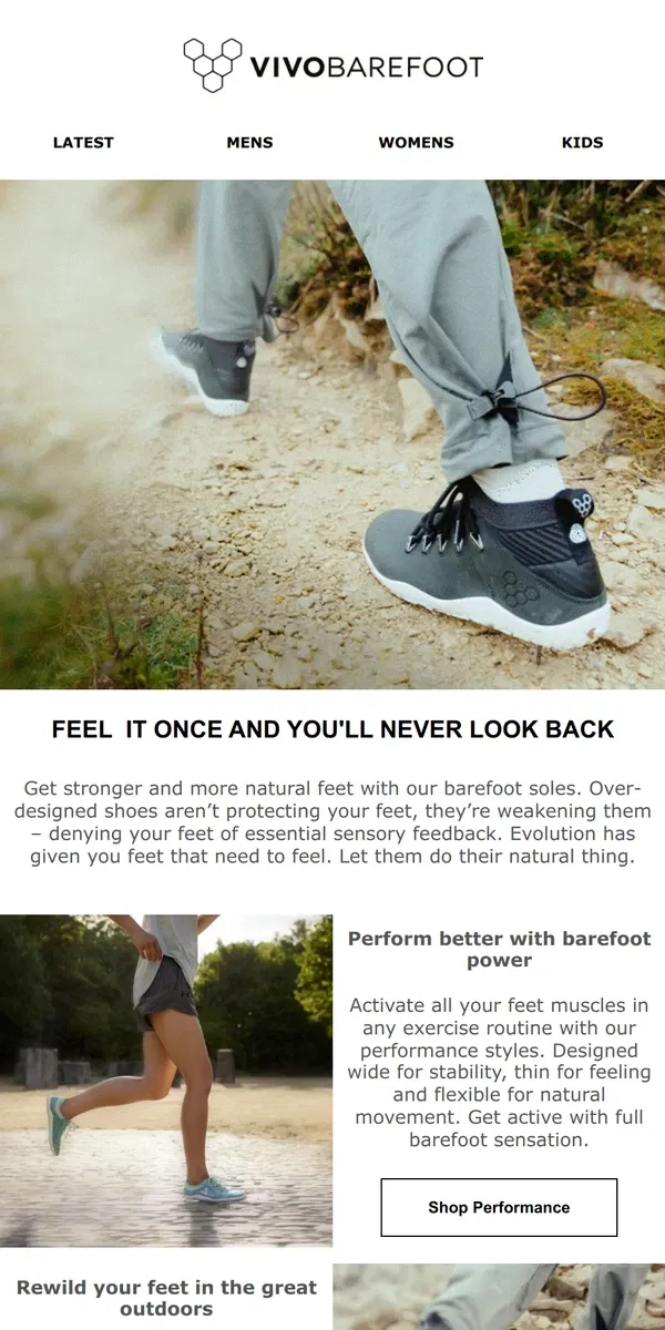 Email from Vivobarefoot. Let your feet show what they can do