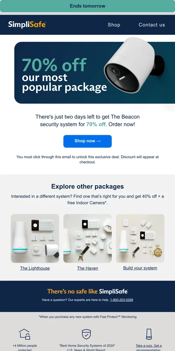 Email from SimpliSafe. Your exclusive deal ends tomorrow: unlock 70% off now