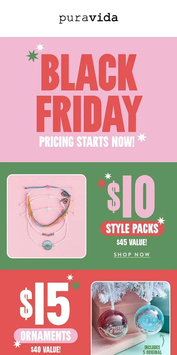 Email from Pura Vida Bracelets. BLACK FRIDAY PRICING HAS BEGUN!