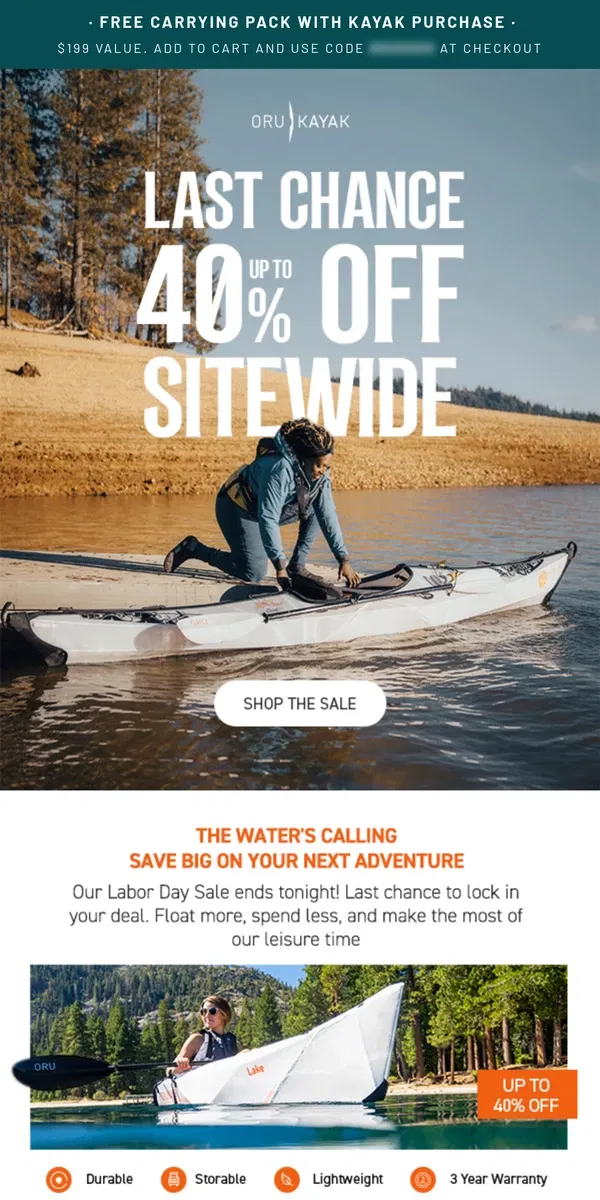 Email from Oru Kayak. Final Day! Up to 40% Off + Free Pack