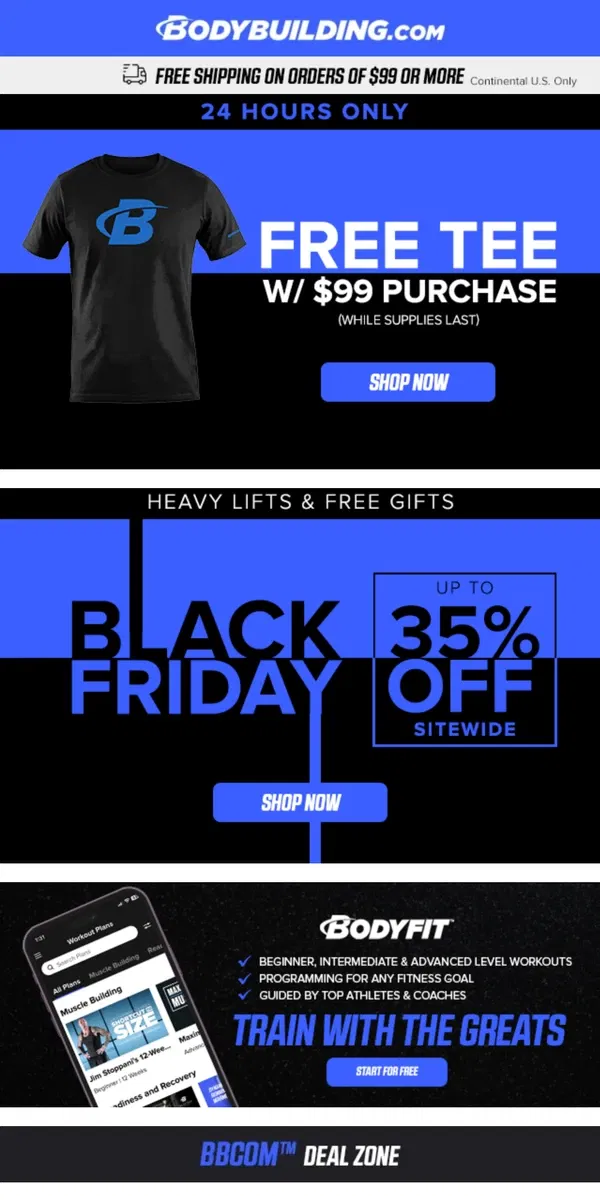 Email from Bodybuilding.com. 💪 SAVE BIG on CREATINE & BCAAs! + 👕 Free Tee Offer Ends Soon!