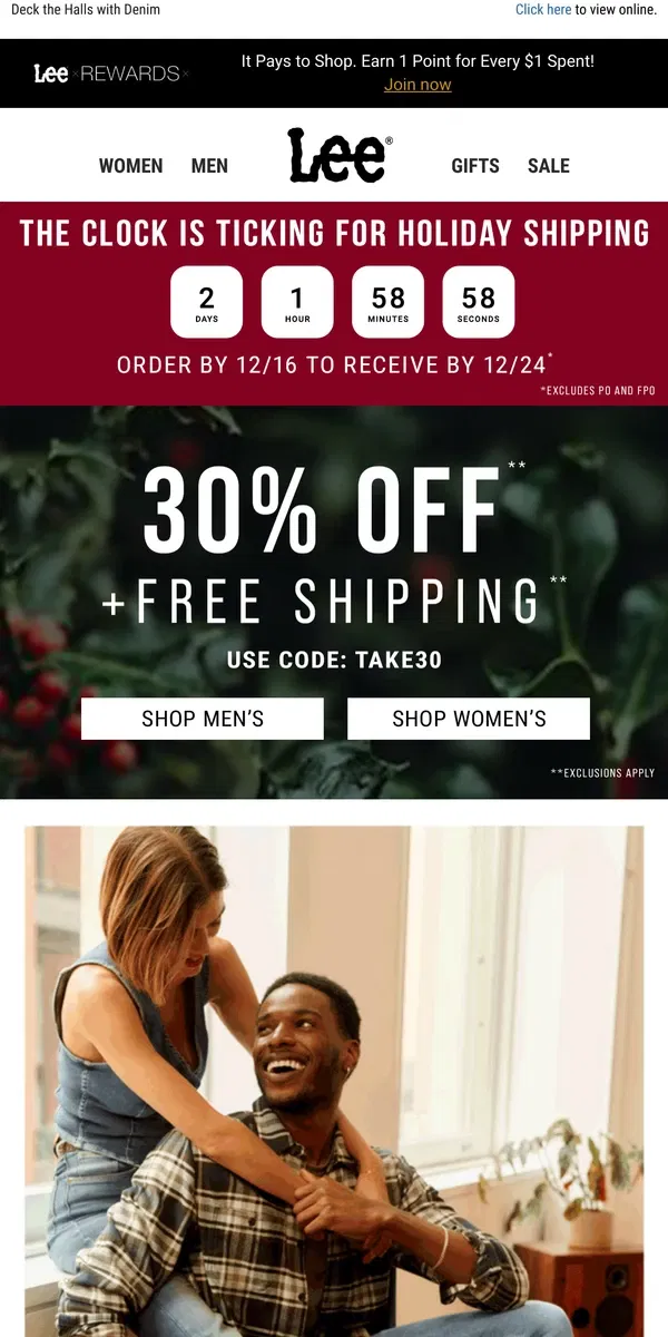 Email from Lee. 3 Days Only: 30% Off + Free Shipping